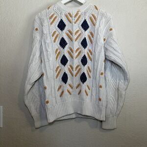St Johns Bay Women's M Cable Knit Sweater Blue Yellow Accents Cotton Blend‎ Boho